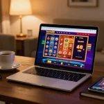Enjoying a cozy gaming session at home with bem88 casino on laptop and tablet, showcasing vibrant games and strategy.