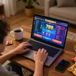 Engaged user playing 789bet online casino on a laptop with snacks and warm lighting.