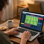 BONG88 live sports betting setup at home, with a bettor placing bets on a laptop during a match.