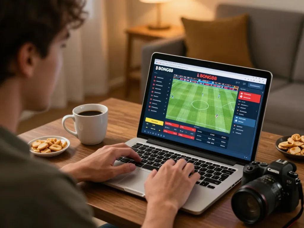 BONG88 live sports betting setup at home, with a bettor placing bets on a laptop during a match.