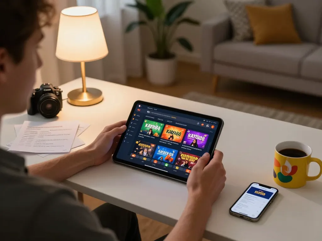 KAYA88 online gaming session showcasing promotions with a player using a tablet in a cozy setting