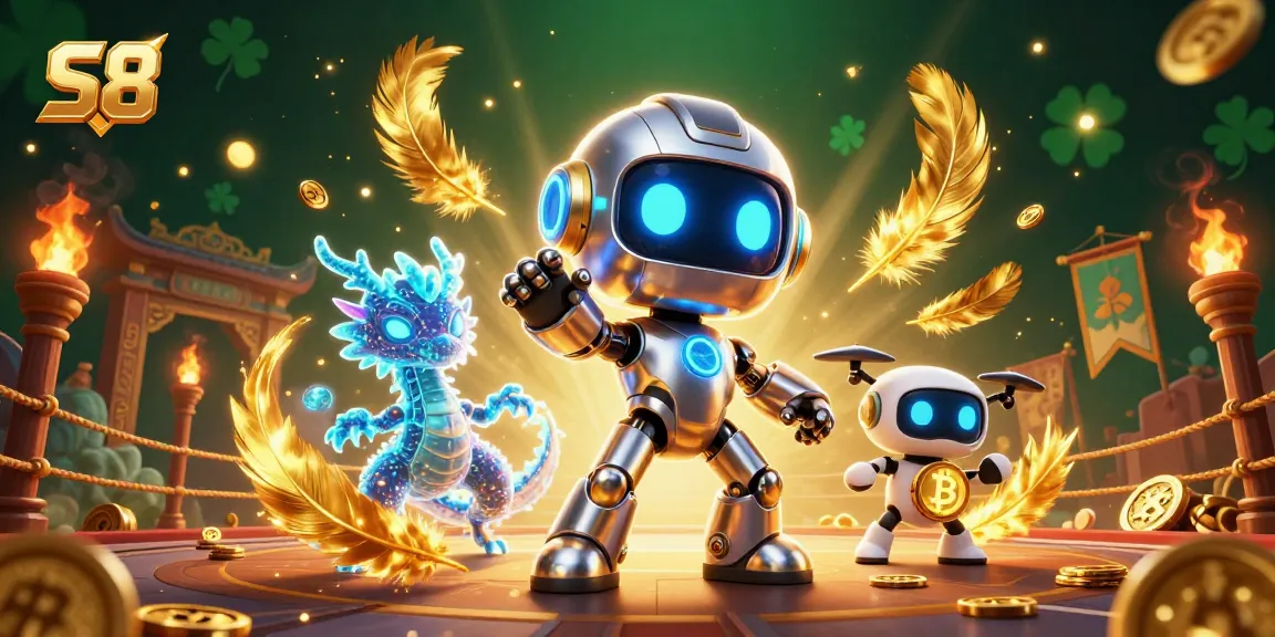 Engage with the S8 casino adventure showcasing a cyberpunk robot and a holographic AI dragon for electrifying gameplay.
