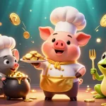 Experience the excitement of cm88 slots with a whimsical chef pig serving gold coins in a vibrant casino scene.