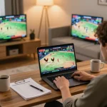 Watch đá gà trực tiếp on a laptop displaying live matches, highlighting an immersive online gambling environment.