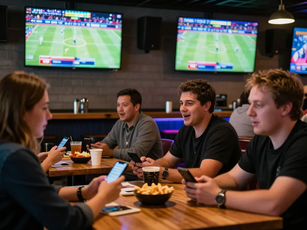 Excited patrons engaging in sports betting activity at cm88's lively venue, with vibrant screens and dynamic social atmosphere.