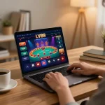 Engaging with the LV88 casino app in a cozy home setting, showcasing responsible gaming.
