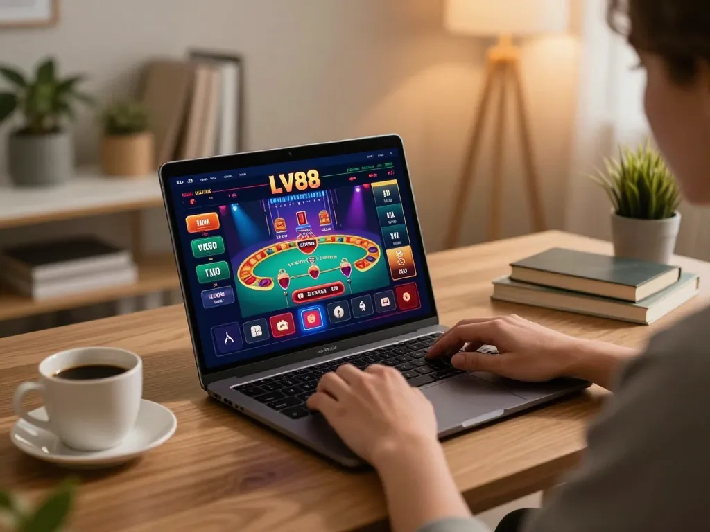 Engaging with the LV88 casino app in a cozy home setting, showcasing responsible gaming.