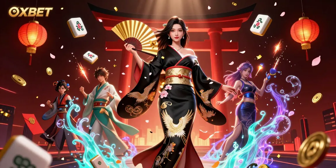 Engage with OXBET through this stunning 3D casino illustration showcasing an Asian woman in a kimono amidst fireworks and gaming elements.