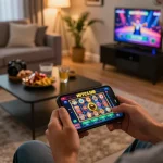 Engaged player using a smartphone for HITCLUB betting in a cozy home environment.