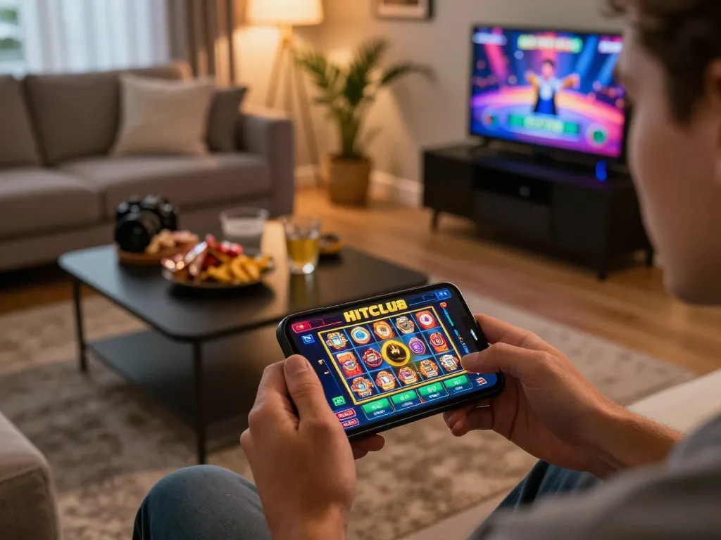 Engaged player using a smartphone for HITCLUB betting in a cozy home environment.
