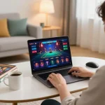 Engaged player using laptop for online gambling at 789betviet, strategizing with guides.