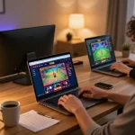 TG88 player engaging in online gaming with a laptop, vibrant interface visible, cozy atmosphere.