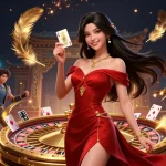 Engage with 5679's vibrant gambling scene featuring a stunning Asian woman by a roulette wheel.