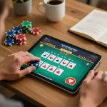 Player engaging with JUN88 poker game on tablet in a cozy home office with strategic notes