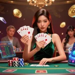 Fly88 poker strategy scene with an elegant dealer showcasing cards and cryptocurrency elements.