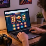 Engaged player accessing Rikvip’s online casino platform on a laptop showcasing vibrant slot games.