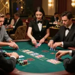 SUNWIN players engaging in a thrilling blackjack game at a luxurious casino, intensively strategizing