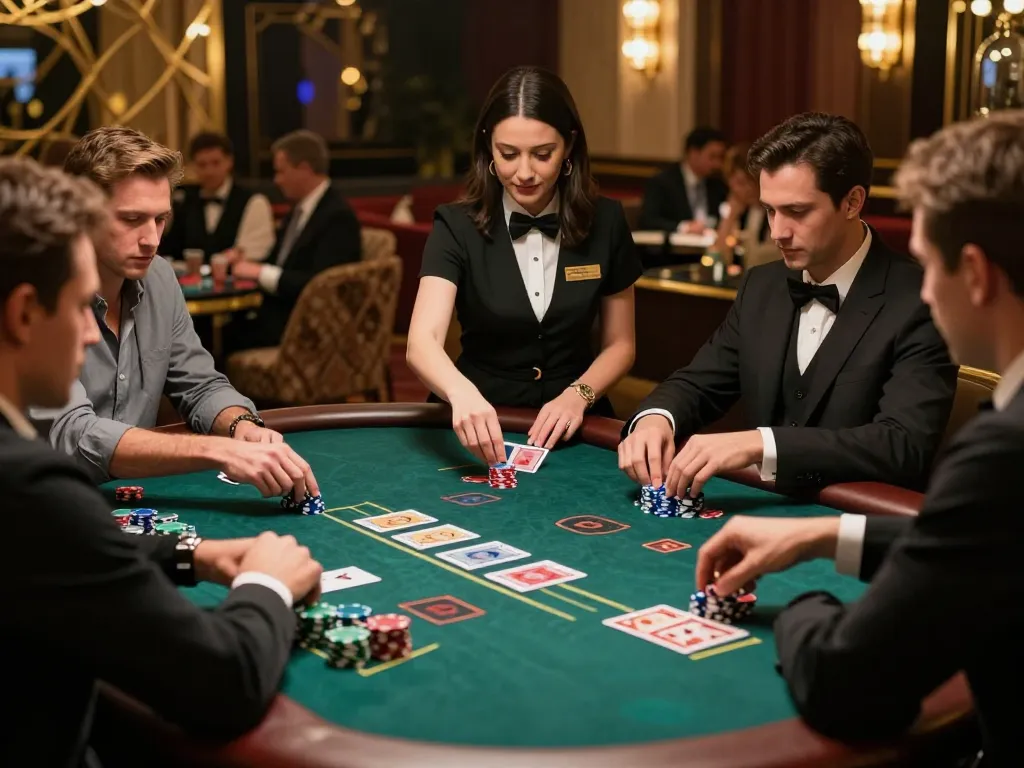 SUNWIN players engaging in a thrilling blackjack game at a luxurious casino, intensively strategizing