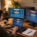 Engaged player uses DN88 casino platform on laptop, creating an immersive home gaming space.