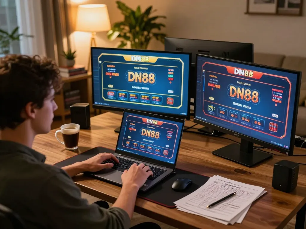Engaged player uses DN88 casino platform on laptop, creating an immersive home gaming space.