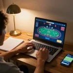 Engaging in 7mcn's live dealer blackjack from a cozy home setup, blending strategy with online gaming activity.