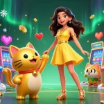 Experience winning spins at J188 with a cheerful woman and lucky cat amidst colorful slots.