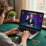 Engaging blackjack gameplay on 1u888com via laptop in a cozy home setting.