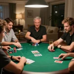 Play poker with nk88 in a dynamic home game scene, showcasing players engaged in strategic gameplay.