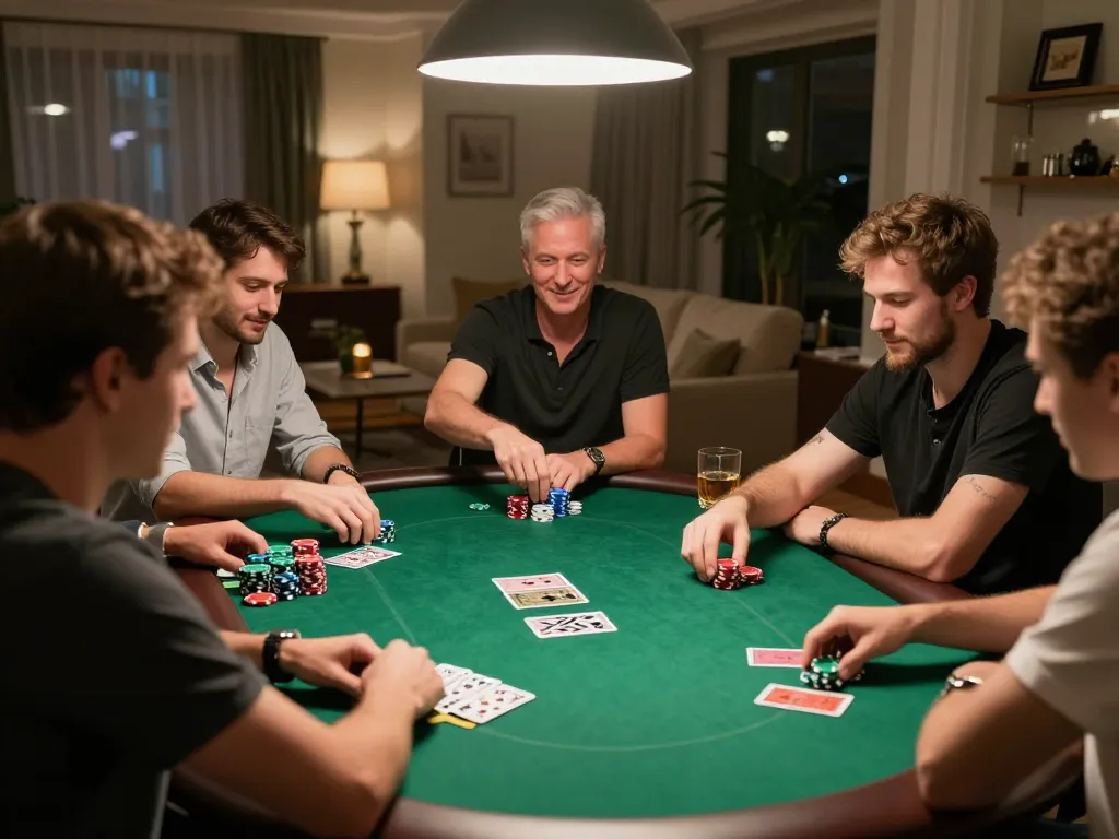 Play poker with nk88 in a dynamic home game scene, showcasing players engaged in strategic gameplay.