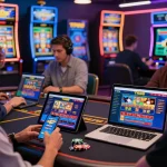 Players engaging with the TR88 online casino platform on various devices in a vibrant digital environment filled with colorful gaming elements.