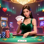 Experience WW88's captivating poker play with a stunning Asian dealer at a luxury casino.