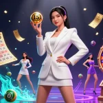Engage with WIN88 in a vibrant casino scene showcasing a stunning Asian woman holding a roulette ball amidst colorful gaming elements.
