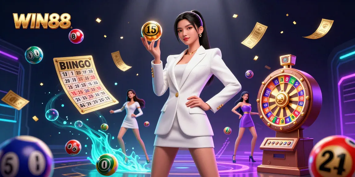 Engage with WIN88 in a vibrant casino scene showcasing a stunning Asian woman holding a roulette ball amidst colorful gaming elements.