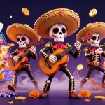Experience thrilling wins at Jun88 with a vibrant 3D illustration of a mariachi band amidst casino games.