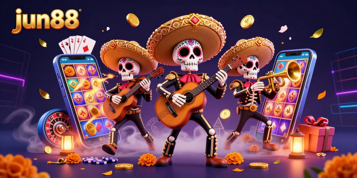 Experience thrilling wins at Jun88 with a vibrant 3D illustration of a mariachi band amidst casino games.
