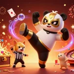 Engage in betting excitement at DAOMO with a lively, colorful casino atmosphere featuring a panda wrestler.