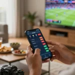 Exciting online sports betting moment with 33win app on smartphone in cozy home setting.