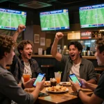 Football fans engaging with mobile betting apps during matches, tracking live scores and results with excitement, results featured include ผลบอล for latest updates.