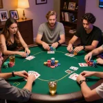 Players strategizing during a home poker night, showcasing LLwin betting strategies and camaraderie in action.