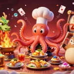 O8 casino features a colorful 3D octopus chef cooking golden dishes amidst vibrant gaming elements and treasures.