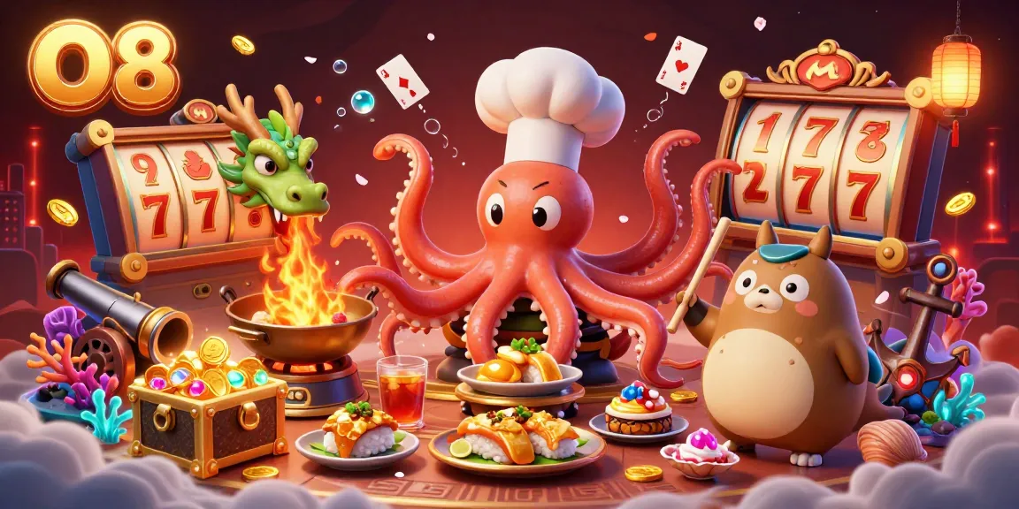 O8 casino features a colorful 3D octopus chef cooking golden dishes amidst vibrant gaming elements and treasures.