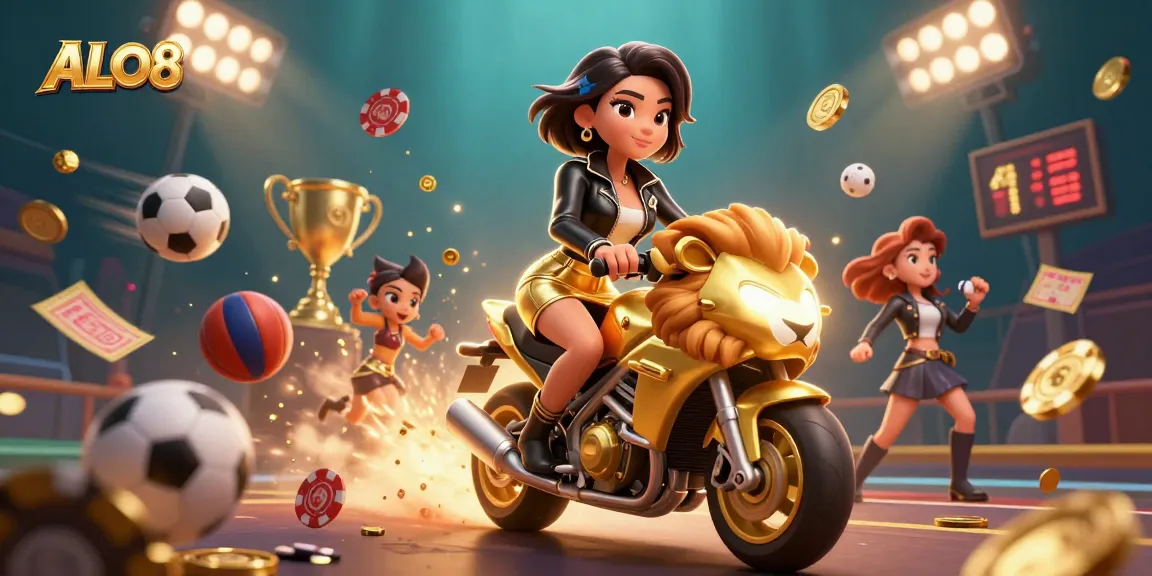 Experience excitement at ALO8 with 3D action featuring a glamorous woman and dynamic casino elements.