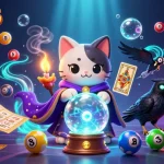 Engage with exciting xoso66 games, featuring fortune teller cat and glowing raven in a dynamic casino scene.