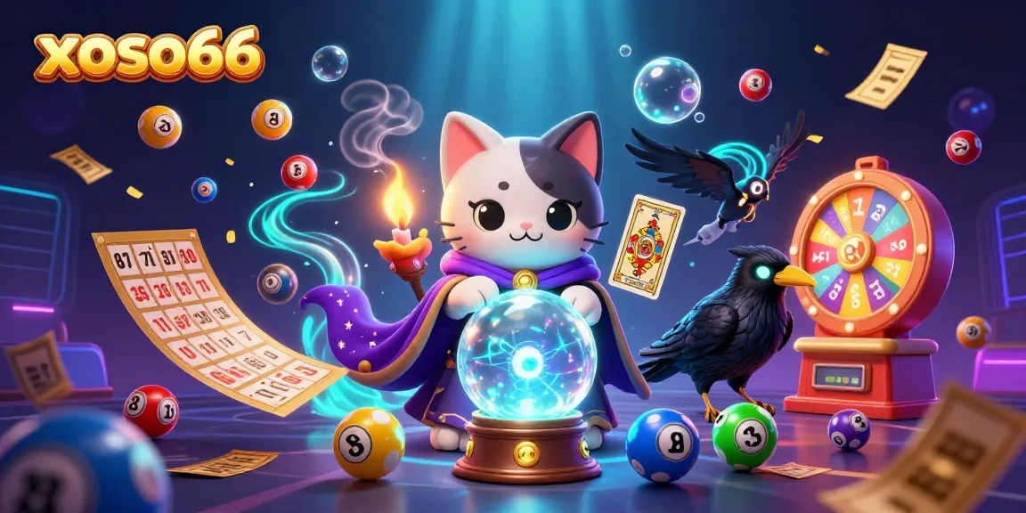 Engage with exciting xoso66 games, featuring fortune teller cat and glowing raven in a dynamic casino scene.
