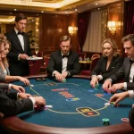Players strategizing at an exclusive poker table in an upscale casino setting with a focus on MM88.
