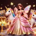 B52 casino illustration with a glamorous Asian woman and golden unicorn amidst vibrant slot reels and treasure.