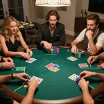 Người chơi tận hưởng một ván poker tại Rikvip với những chip đầy màu sắc và biểu cảm tập trung