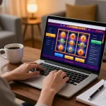 Player exploring cm88game slots on laptop, showcasing engaging online casino experience in a cozy home.