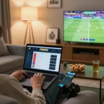 Person actively placing bets on 79KING during an exciting sports event in a cozy living room