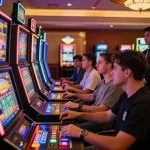 KK55 players enjoying vibrant slot machines in a luxury casino atmosphere.